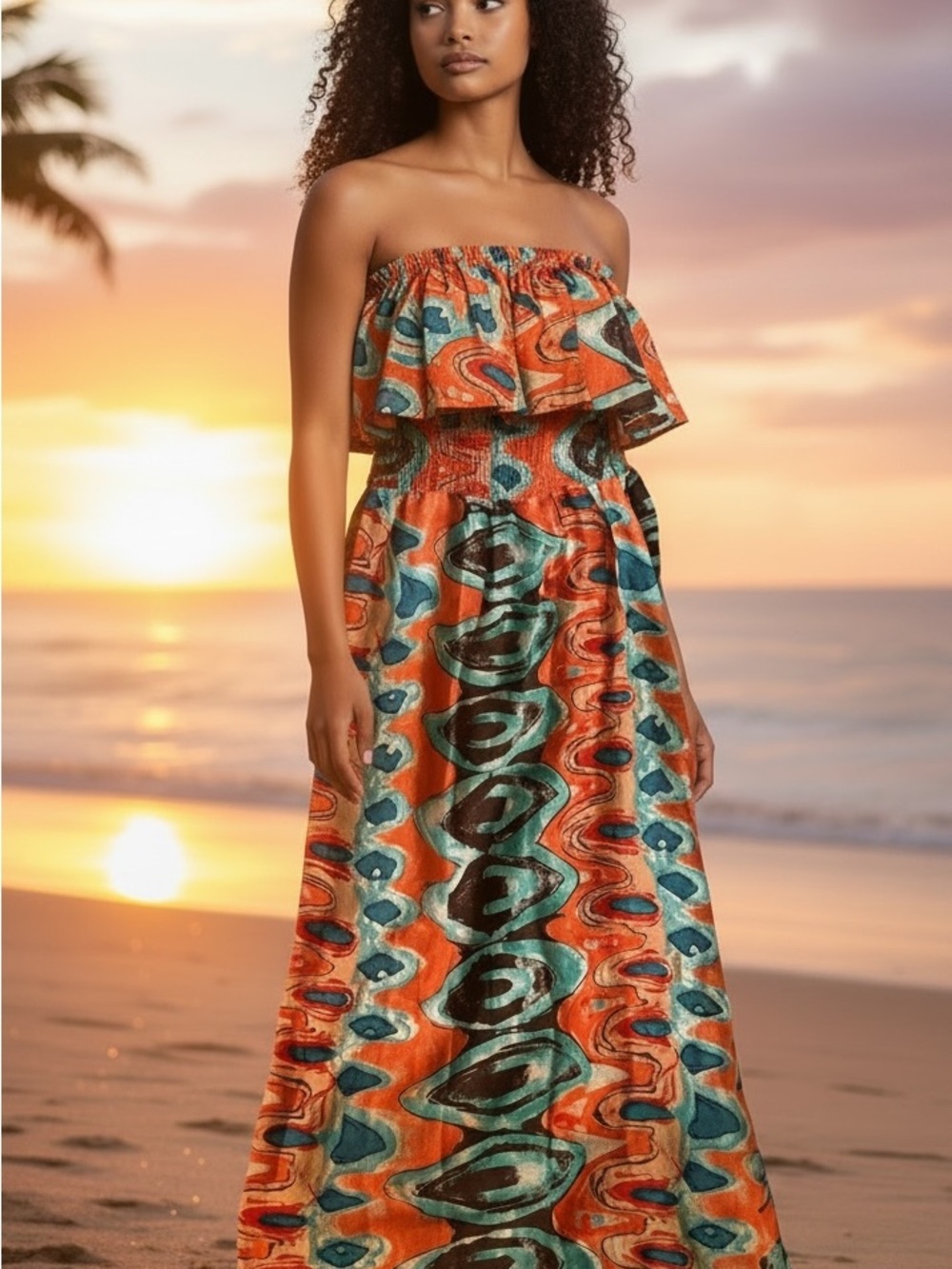 Chesley Strapless Maxi Dress in Orange and Teal Abstract Print